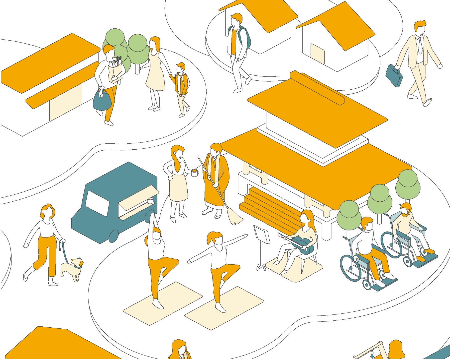 お寺と街の人々のイラスト